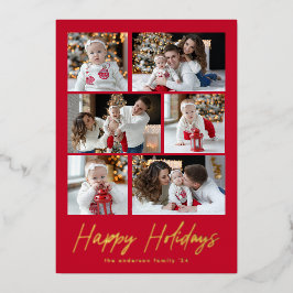 Tarjeta Festiva Con Relieve Metalizado Collage de fotos Happy Holidays Gold Script 6