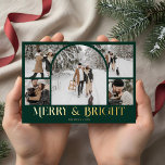 Tarjeta Festiva Con Relieve Metalizado Collage de fotos Merry Bright Retro Arch<br><div class="desc">Enciende la temporada de vacaciones con nuestra tarjeta de vacaciones "Merry & Bright" Navidades. Front and center es un cautivador collage de cinco fotos, con una fotografía de plantilla de arco que muestra maravillosamente tus momentos favoritos. Debajo, el saludo festivo 'Merry & Bright' está artísticamente escrito en un lujoso tipo...</div>