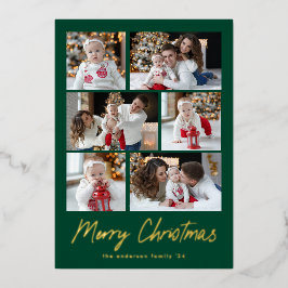 Tarjeta Festiva Con Relieve Metalizado Collage de fotos Merry Christmas Gold Script 6