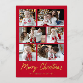 Tarjeta Festiva Con Relieve Metalizado Collage de fotos Merry Christmas Gold Script 6