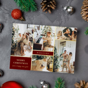 Tarjeta Festiva Con Relieve Metalizado Collage de Fotos Moderno de Navidad en Burgundy y
