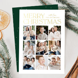 Tarjeta Festiva Con Relieve Metalizado Collage de fotos navideñas modernas verdes 9