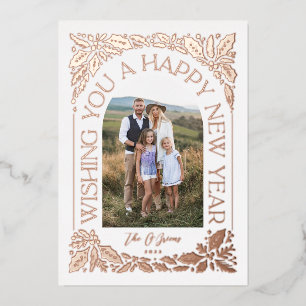 Tarjeta Festiva Con Relieve Metalizado Collage de fotos New Year Arch Holly Berry 3