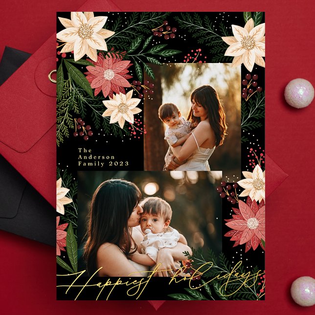 Tarjeta Festiva Con Relieve Metalizado Collage de fotos Poinsettia Splendor (Subido por el creador)