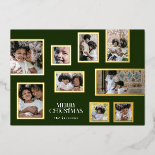 Tarjeta Festiva Con Relieve Metalizado Collage de fotos verde moderno Feliz Navidad Gold