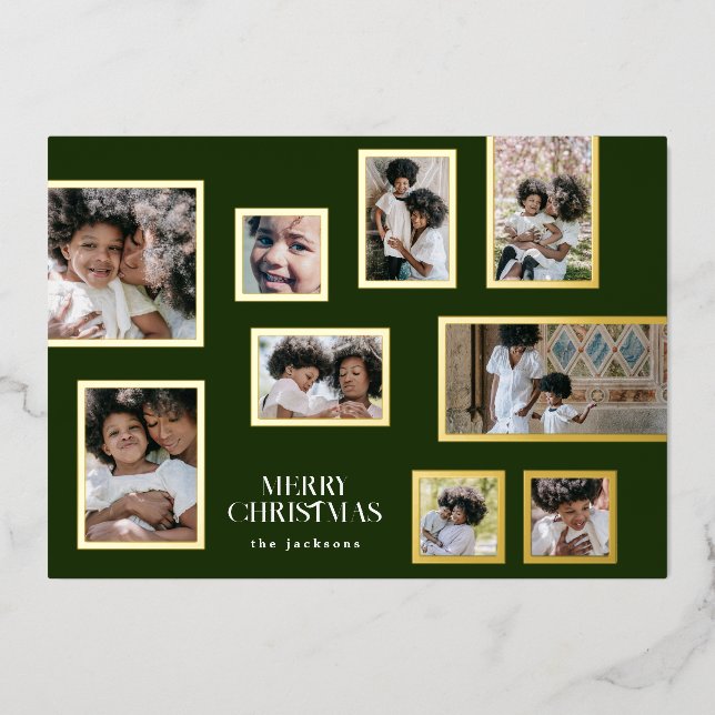 Tarjeta Festiva Con Relieve Metalizado Collage de fotos verde moderno Feliz Navidad Gold (Anverso)