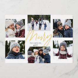 Tarjeta Festiva Con Relieve Metalizado Collage de Navidad con 6 fotos doradas alegres mod
