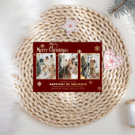 Tarjeta Festiva Con Relieve Metalizado Collage de varias fotos de nieve con lámina roja d