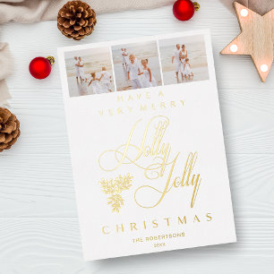 Tarjeta Festiva Con Relieve Metalizado Collage Elegante Minimalista 3 Fotos Holly Jolly