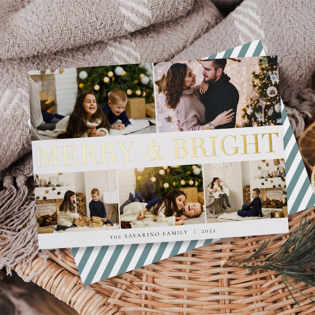 Tarjeta Festiva Con Relieve Metalizado Collage en negrita | Merry & Bright 5 Photo (Subido por el creador)