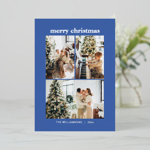 Tarjeta Festiva Con Relieve Metalizado Collage Mínimo de 3 Fotos Feliz Navidad Azul Oro