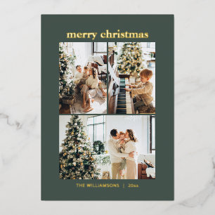 Tarjeta Festiva Con Relieve Metalizado Collage Mínimo de 3 Fotos Feliz Navidad Verde Dora