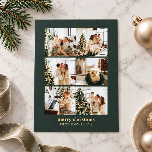 Tarjeta Festiva Con Relieve Metalizado Collage Mínimo de 6 Fotos Feliz Navidad Verde Dora