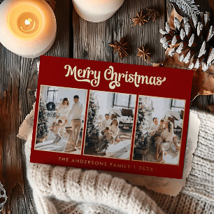 Tarjeta Festiva Con Relieve Metalizado Collage Mínimo de Varias Fotos Rojo Feliz Navidad 