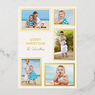 Tarjeta Festiva Con Relieve Metalizado Collage moderno de 5 fotos Navidad dorado