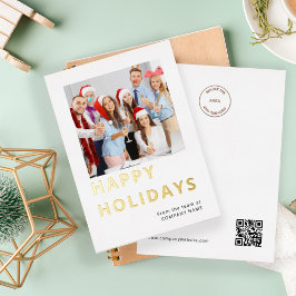 Tarjeta Festiva Con Relieve Metalizado Colleague Photo Company Logo QR Felices Fiestas