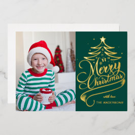 Tarjeta Festiva Con Relieve Metalizado Color moderno editable Merry Christmas Tree Photo