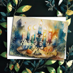 Tarjeta Festiva Con Relieve Metalizado Colorida pintura acuática Hanukkah Menorah<br><div class="desc">Colorida pintura acuática Hanukkah Menorah</div>