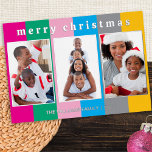 Tarjeta Festiva Con Relieve Metalizado Colorida rayada 3 Collages de fotos Feliz Navidad<br><div class="desc">Envíe un florecimiento festivo brillante a sus amigos y familia con esta tarjeta de Navidades de colores. En un fondo de rayas brillantes, la tarjeta muestra tres de tus fotos favoritas en un efecto de galería. En la parte superior, el saludo 'Feliz Navidad' está en la tipografía funda inferior con...</div>