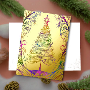 Tarjeta Festiva Con Relieve Metalizado Colorido Relieve metalizado dorado de árbol de Nav