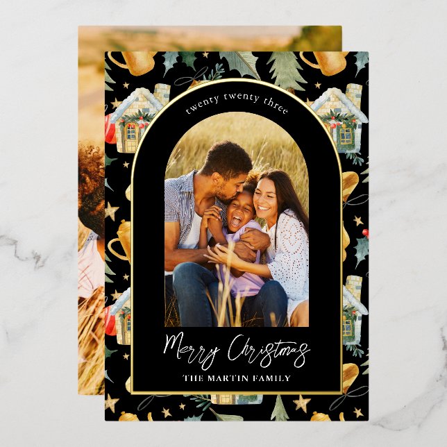 Tarjeta Festiva Con Relieve Metalizado Cómoda impresión en negro de vacaciones con fotos (Anverso/Reverso)