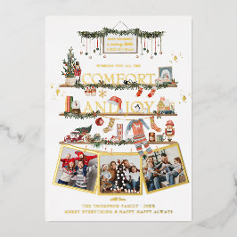 Tarjeta Festiva Con Relieve Metalizado Comodidad y Alegría | Tarjeta de Navidad con Foto