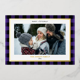 Tarjeta Festiva Con Relieve Metalizado Cómodo Purple Black Plaid Border 3 Fotos Navidades