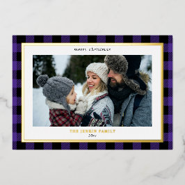 Tarjeta Festiva Con Relieve Metalizado Cómodo Purple Black Plaid Border 3 Fotos Navidades
