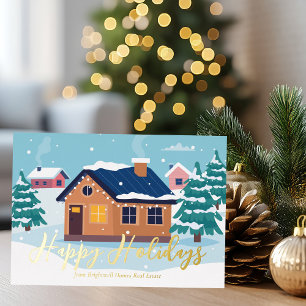 Tarjeta Festiva Con Relieve Metalizado Compañía de bienes raíces Felices Fiestas dorada p