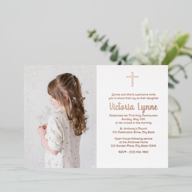 Tarjeta Festiva Con Relieve Metalizado Comunión del marco floral con la foto (Anverso de pie)