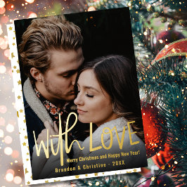 Tarjeta Festiva Con Relieve Metalizado Con Amor Hoja de Oro Estrellas Foto Feliz Navidad