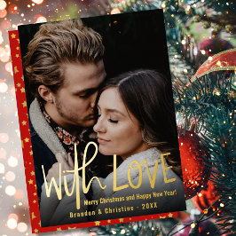 Tarjeta Festiva Con Relieve Metalizado Con Amor Rojo Oro Estrellas Feliz Navidad