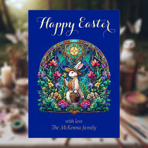 Tarjeta Festiva Con Relieve Metalizado Conejito jardinero de Pascua de vidrio teñido azul
