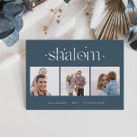 Tarjeta Festiva Con Relieve Metalizado Conexión estriada | Collage de fotos Hanukkah<br><div class="desc">Envíe saludos de Hanukkah a amigos y familiares en estilo moda con nuestras elegantes tarjetas de fotos. Diseñada para acomodar tres de tus fotos cuadradas favoritas dispuestas una al lado de la otra en formato de collage, la tarjeta muestra el saludo de tu personalizado (mostrado con "Hanukkah alegre") y el(los)...</div>
