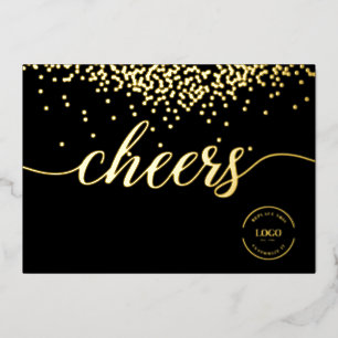 Tarjeta Festiva Con Relieve Metalizado Confeti dorado elegante en el logo Cheers negro