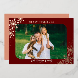 Tarjeta Festiva Con Relieve Metalizado Copo de Navidad Esquina Redondeada Foto Rosa Dorad
