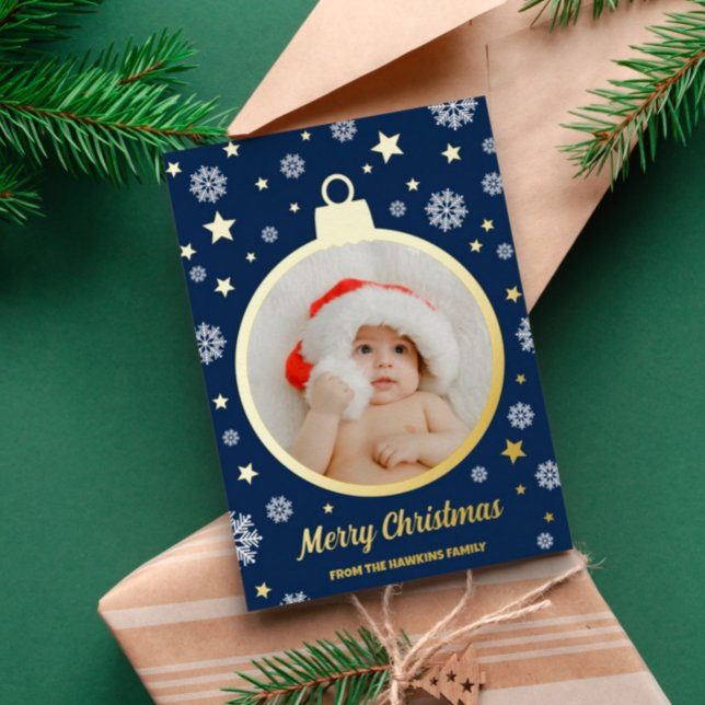 Tarjeta Festiva Con Relieve Metalizado Copo de Nieve Azul y Estrellas Doradas Adorno Navi (Subido por el creador)