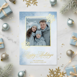 Tarjeta Festiva Con Relieve Metalizado Copo de nieve de color azul foto feliz feriados