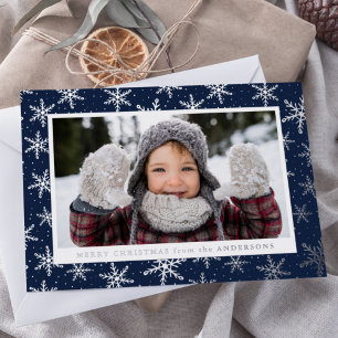 Tarjeta Festiva Con Relieve Metalizado Copo de Nieve Dorado Foto Azul Marino y Plata