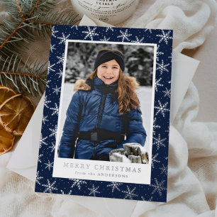 Tarjeta Festiva Con Relieve Metalizado Copo de Nieve Dorado Foto Azul Marino y Plata