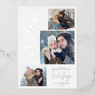 Tarjeta Festiva Con Relieve Metalizado Copos de nieve 3 fotos Fiestas más felices platead
