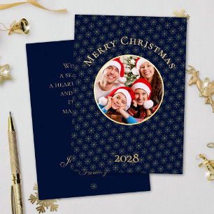 Tarjeta Festiva Con Relieve Metalizado Copos de Nieve Azules Limpios de Navidad Dorada