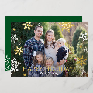 Tarjeta Festiva Con Relieve Metalizado Copos de nieve cayendo Felices fiestas Oro Verde