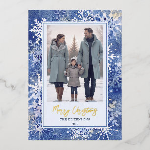 Tarjeta Festiva Con Relieve Metalizado Copos de nieve de color acuático elegantes