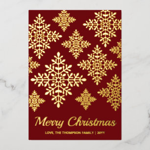 Tarjeta Festiva Con Relieve Metalizado Copos De Nieve Decorativos En Rojo
