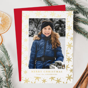 Tarjeta Festiva Con Relieve Metalizado Copos de Nieve Dorados Foto Oro