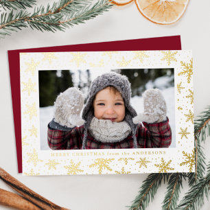 Tarjeta Festiva Con Relieve Metalizado Copos de Nieve Dorados Foto Oro