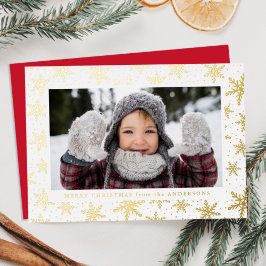 Tarjeta Festiva Con Relieve Metalizado Copos de nieve dorados foto rojo y oro