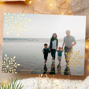 Tarjeta Festiva Con Relieve Metalizado Copos de nieve dorados minimalistas Feliz Navidad