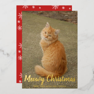 Tarjeta Festiva Con Relieve Metalizado Copos de nieve, gato, foto de Meowy Navidades de o